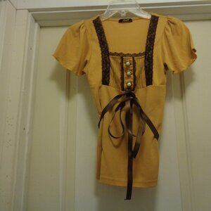 DIJION MUSTARD SWEET LITTLE PUFFED SLEEVES PEARLYS & RIBBON BLOUSE SM
